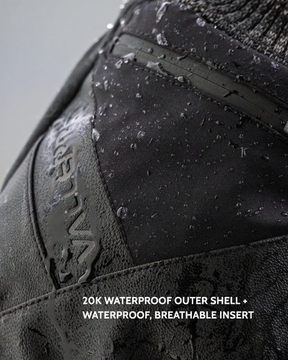 Close-up of the Markhof Pro V4 black waterproof outer shell with water droplets on a textured surface and a visible Vallerret brand mark. White text at the bottom reads: &