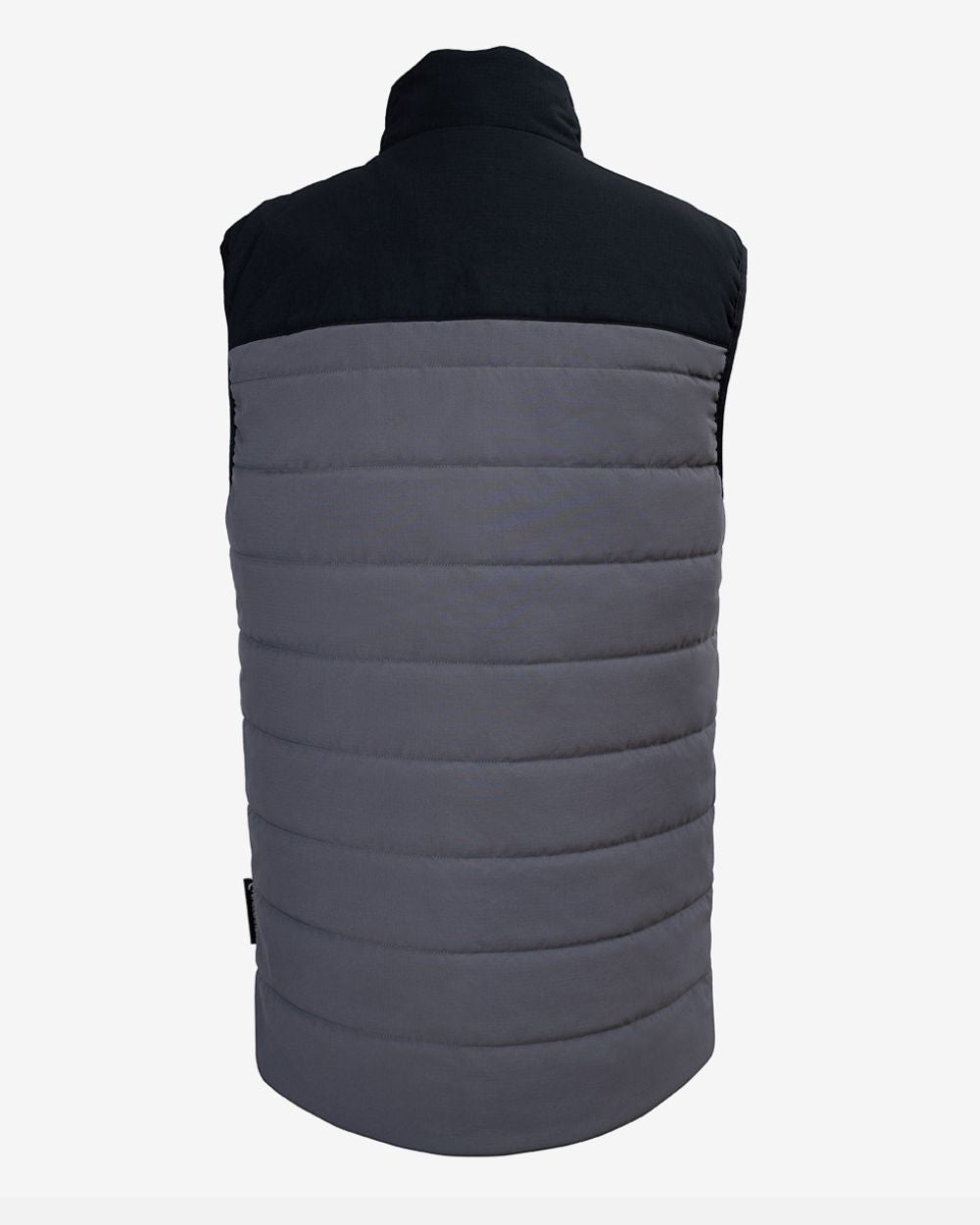 Two-tone black and gray puffer vest on a white background