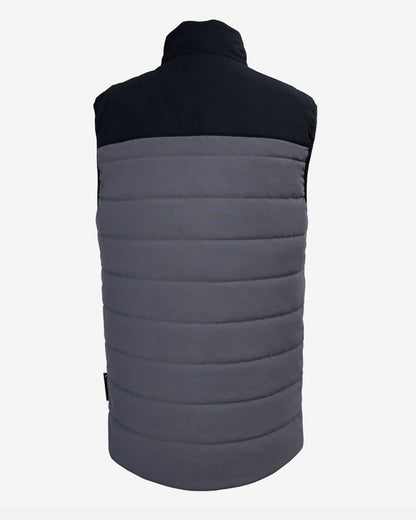 Two-tone black and gray puffer vest on a white background